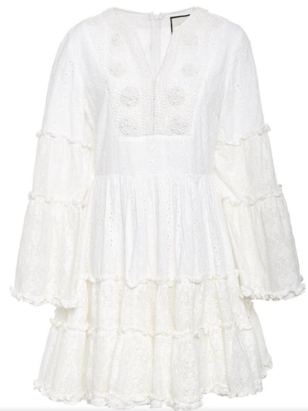 • Alexis • Women's White Norwa
V-Neck Tiered Eyelet Lace Mini
Dress